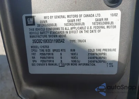 2003 Chevrolet Silverado C1500 z USA, uszkodzony, nr VIN 2GCEC19XX31196542